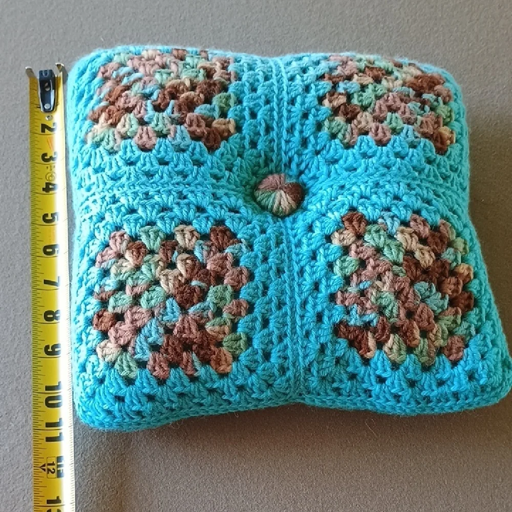 Crocheted Blue and Brown Pillow